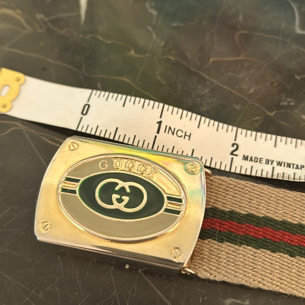 GUCCI 40” cloth belt with brass logo buckle VTG
